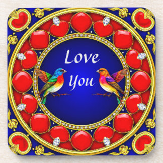 ロマンチックカラフルなハートに囲まれたハミングバード コースター
