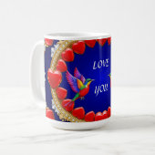 ロマンチックカラフルなハートに囲まれたハミングバード コーヒーマグカップ (正面左)
