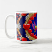 ロマンチックカラフルなハートに囲まれたハミングバード コーヒーマグカップ (左)