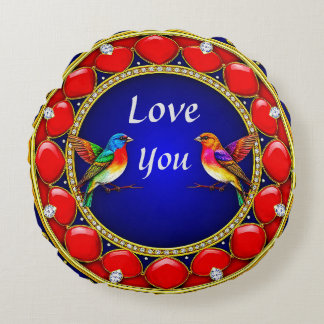 ロマンチックカラフルなハートに囲まれたハミングバード ラウンドクッション