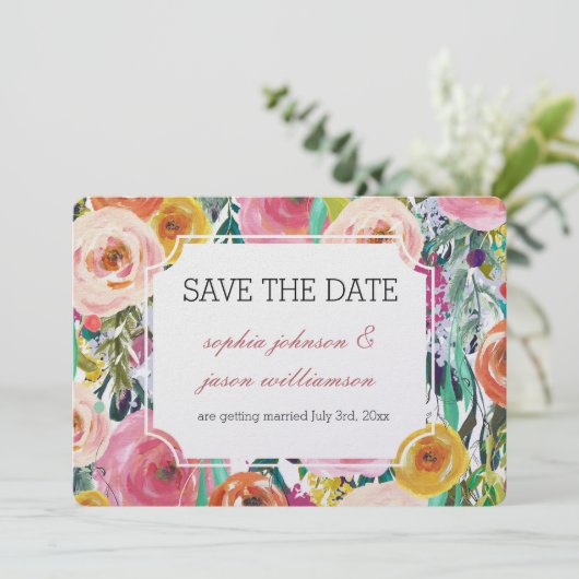 ロマンチックカラフルな庭の花は日付を保存 招待状 (スタンド正面)