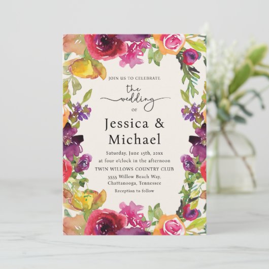 ロマンチックカラフルボホウォーター色のフローラ結婚ズ 招待状 (スタンド正面)