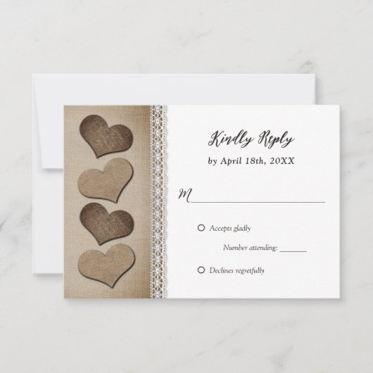 ロマンチックカントリーバーラップハートレース結婚ズ 出欠カード (正面)