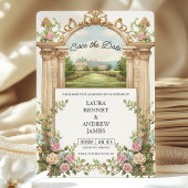 ロマンチックガーデンシャトーフローラアーチ日付を保存 招待状