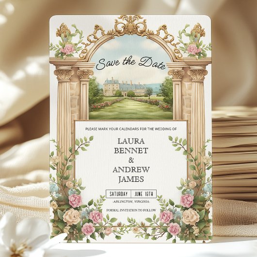 ロマンチックガーデンシャトーフローラアーチ日付を保存 招待状