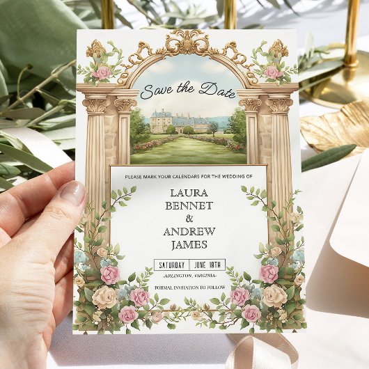 ロマンチックガーデンシャトーフローラアーチ日付を保存 招待状