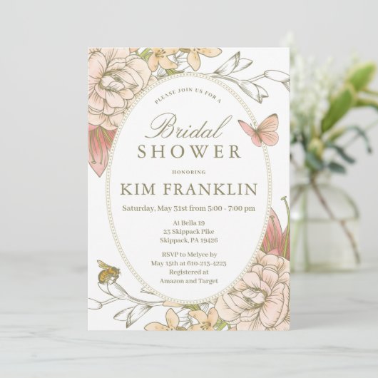 ロマンチックガーデンフローラブライダルまたはベビーシャワーインヴィ 招待状 (スタンド正面)