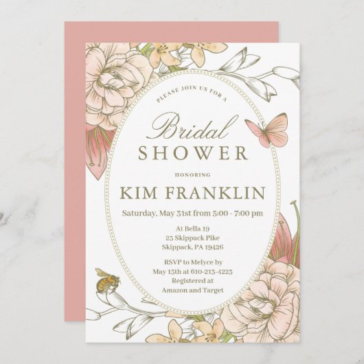 ロマンチックガーデンフローラブライダルまたはベビーシャワーインヴィ 招待状 (正面/裏面)