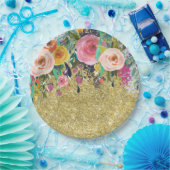 ロマンチックガーデンフローラ水彩金ゴールドスパークル ペーパープレート (パーティー)