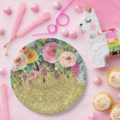 ロマンチックガーデンフローラ水彩金ゴールドスパークル ペーパープレート (パーティー)