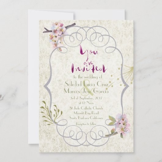 ロマンチックガーデンマゼンダファンシー結婚式招待状 招待状 (正面)