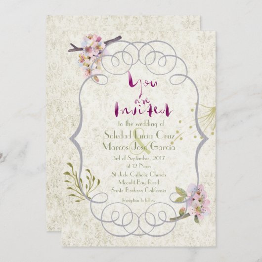 ロマンチックガーデンマゼンダファンシー結婚式招待状 招待状 (正面/裏面)