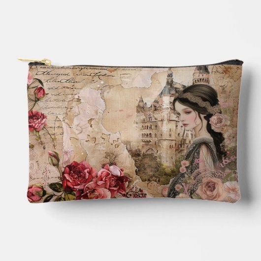 ロマンチックガーリーなヴィンテージフローラ抽象芸術コラージュ アクセサリーポーチ (正面)