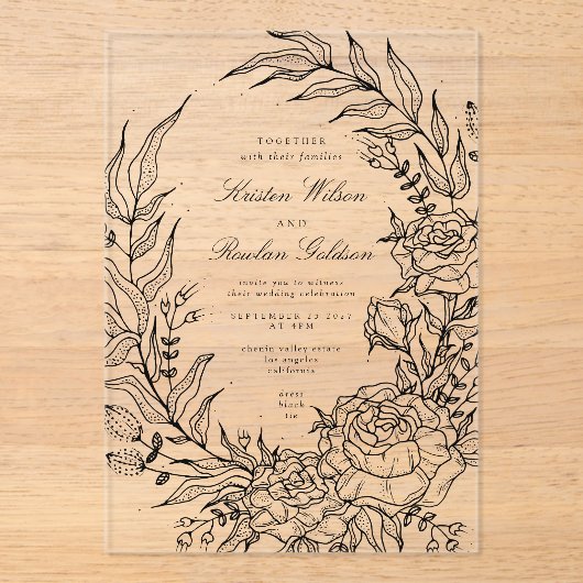 ロマンチッククラシックなフローラリース結婚ズ アクリル招待状 (正面)