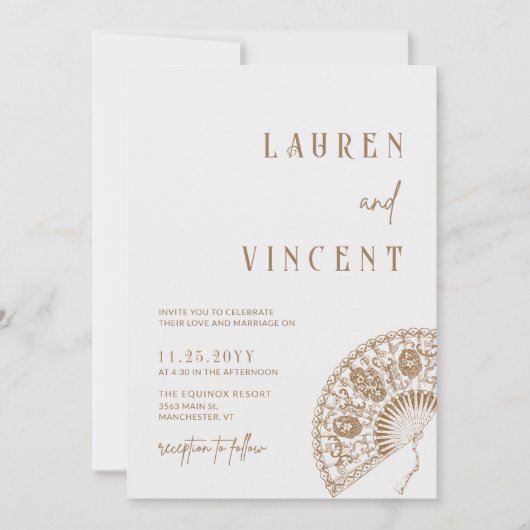 ロマンチッククラシックなリッチヴィンテージハンドファン結婚ズ 招待状 (正面)