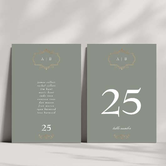 ロマンチッククラシックセージ緑金ゴールドモノグラム結婚ズ テーブルナンバー