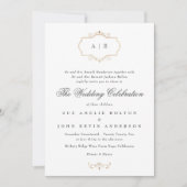 ロマンチッククラシック金ゴールドクレストモノグラム結婚写真 招待状 (正面)