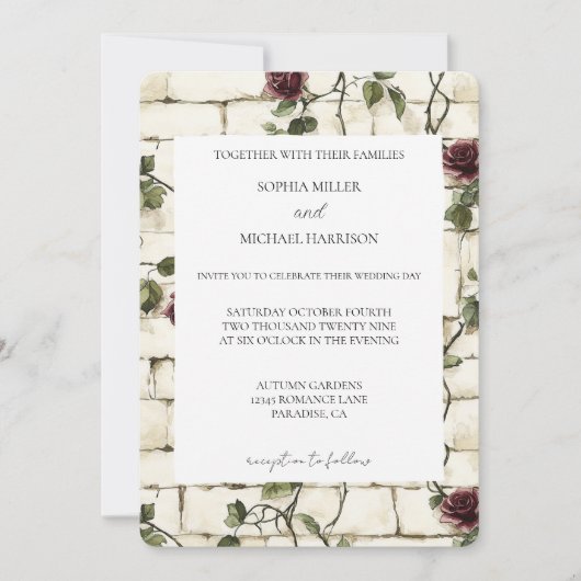 ロマンチッククリームレンガ赤いバラフローラ結婚ズ 招待状 (正面)