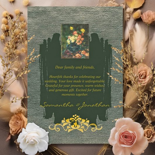 ロマンチックグリーンと金ゴールドヴィンテージフローラスタイル サンキューカード