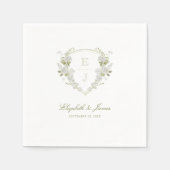 ロマンチックグリーンホワイトフローラモノグラム結婚クレスト スタンダードカクテルナプキン (正面)