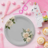 ロマンチックグレイアイボリー結婚フローラ ペーパープレート (パーティー)