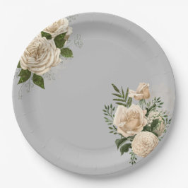 ロマンチックグレイアイボリー結婚フローラ ペーパープレート
