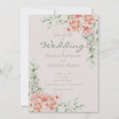 ロマンチックコーラルピーチクリームアンドセージグリーンフローラ 招待状 (正面)