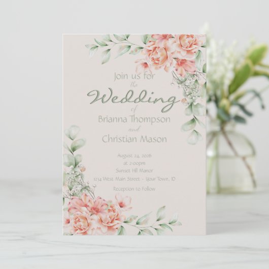 ロマンチックコーラルピーチクリームアンドセージグリーンフローラ 招待状 (スタンド正面)