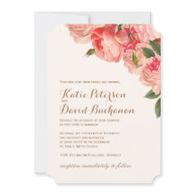 ロマンチックコーラルプオーニーズオン金ゴールド結婚式招待状