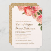 ロマンチックコーラルプオーニーズオン金ゴールド結婚式招待状 招待状 (正面/裏面)