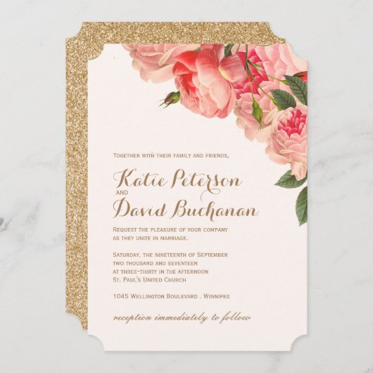 ロマンチックコーラルプオーニーズオン金ゴールド結婚式招待状 招待状 (正面/裏面)