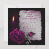 ロマンチックゴシックバラ、ろうそく、鍵&ロックスイート16 招待状 (正面)