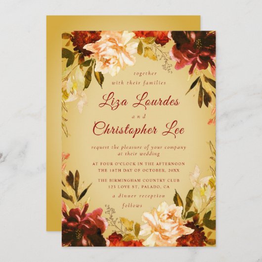 ロマンチックゴールデン秋結婚フローラ 招待状 (正面/裏面)