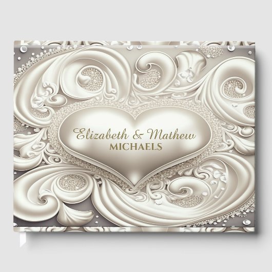 ロマンチックサテンハートアイボリーカラードゲストブック ゲストブック (正面)