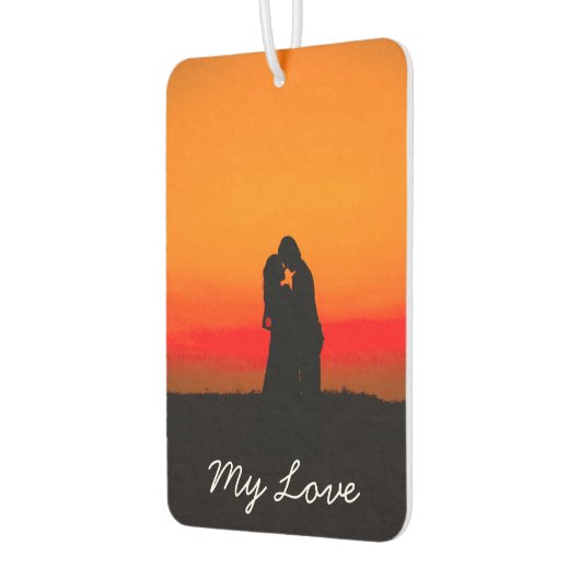 ロマンチックサンセットカップルキスをするマイラブタイポグラフィ カーエアーフレッシュナー (左)