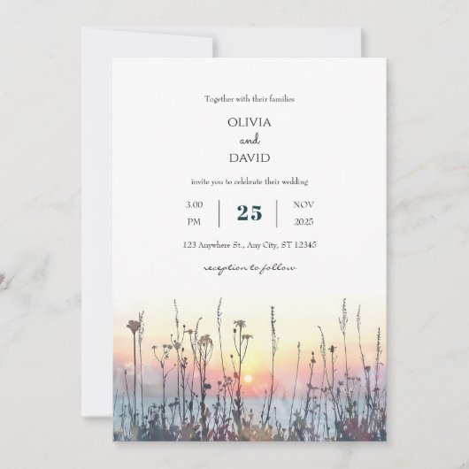 ロマンチックサンセットコースタルメドーアートビーチ結婚式 招待状 (正面)