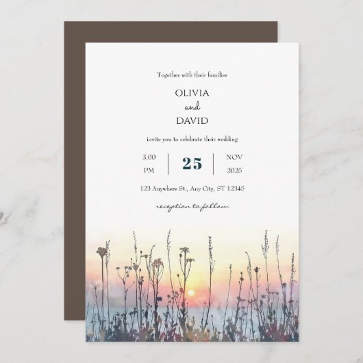 ロマンチックサンセットコースタルメドーアートビーチ結婚式 招待状 (正面/裏面)