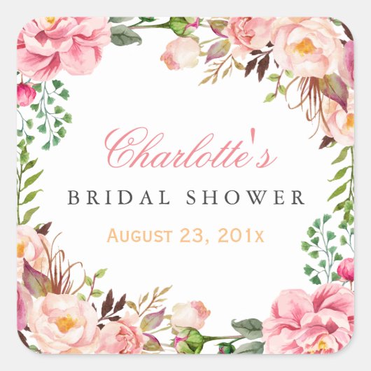 ロマンチックシックフローラリース結婚ズブライダルシャワー スクエアシール (正面)
