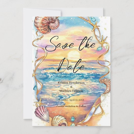 ロマンチックシーシェルビーチ結婚式 セーブザデート (正面)