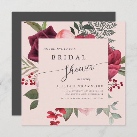 ロマンチックスクリプトブライダルブーケピンクブライダルシャワー 招待状 (正面/裏面)