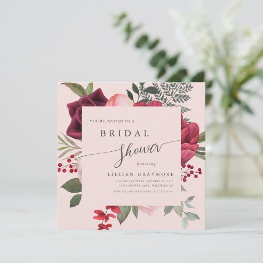 ロマンチックスクリプトブライダルブーケピンクブライダルシャワー 招待状 (スタンド正面)