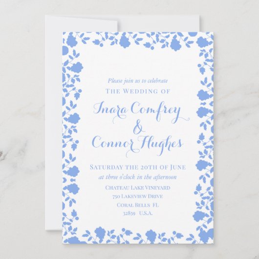 ロマンチックソフトかわいらしホワイトブルーモダンフローラ 招待状 (正面)