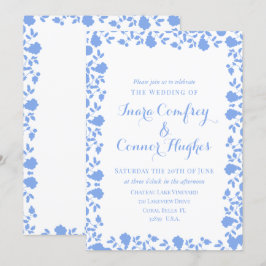 ロマンチックソフトかわいらしホワイトブルーモダンフローラ 招待状