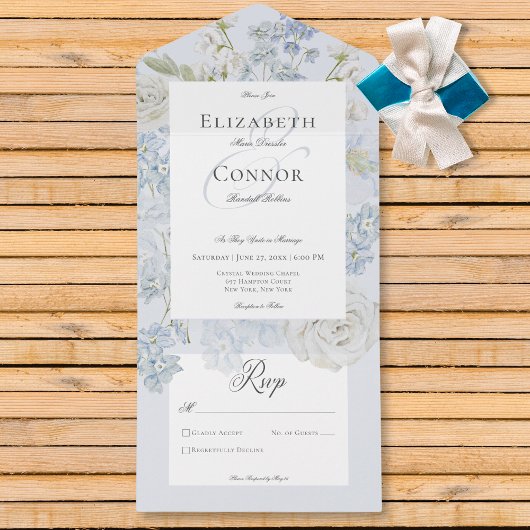 ロマンチックソフトブルー&ホワイトガーデンフローラnoディナー オールインワン招待状