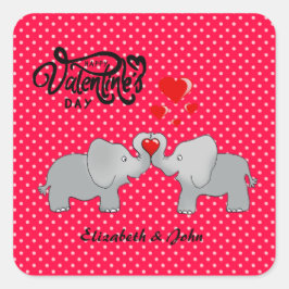 ロマンチックゾウ&赤いハートオン水玉模様 スクエアシール
