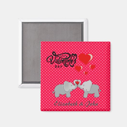 ロマンチックゾウ&赤いハートオン水玉模様 マグネット (正面/裏面)