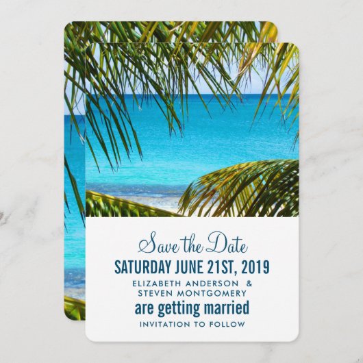 ロマンチックターコイズトロピカルビーチ結婚式 セーブザデート (正面/裏面)