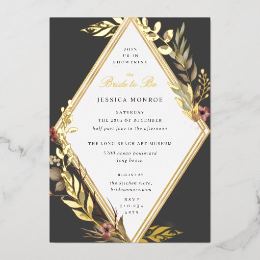 ロマンチックダイヤモンドフローラグレイブライダルシャワー 箔招待状 (正面)