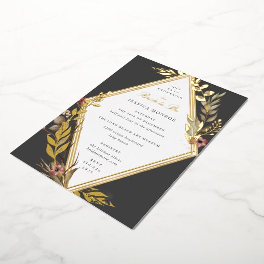 ロマンチックダイヤモンドフローラグレイブライダルシャワー 箔招待状 (回転した状態)