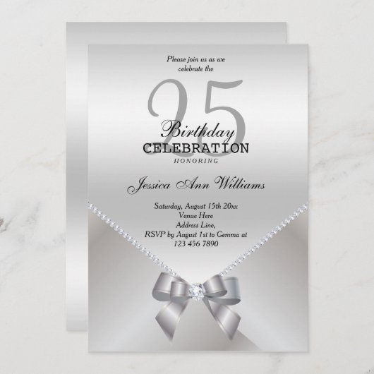 ロマンチックダイヤモンド&シルバーボウ25誕生日 招待状 (正面/裏面)